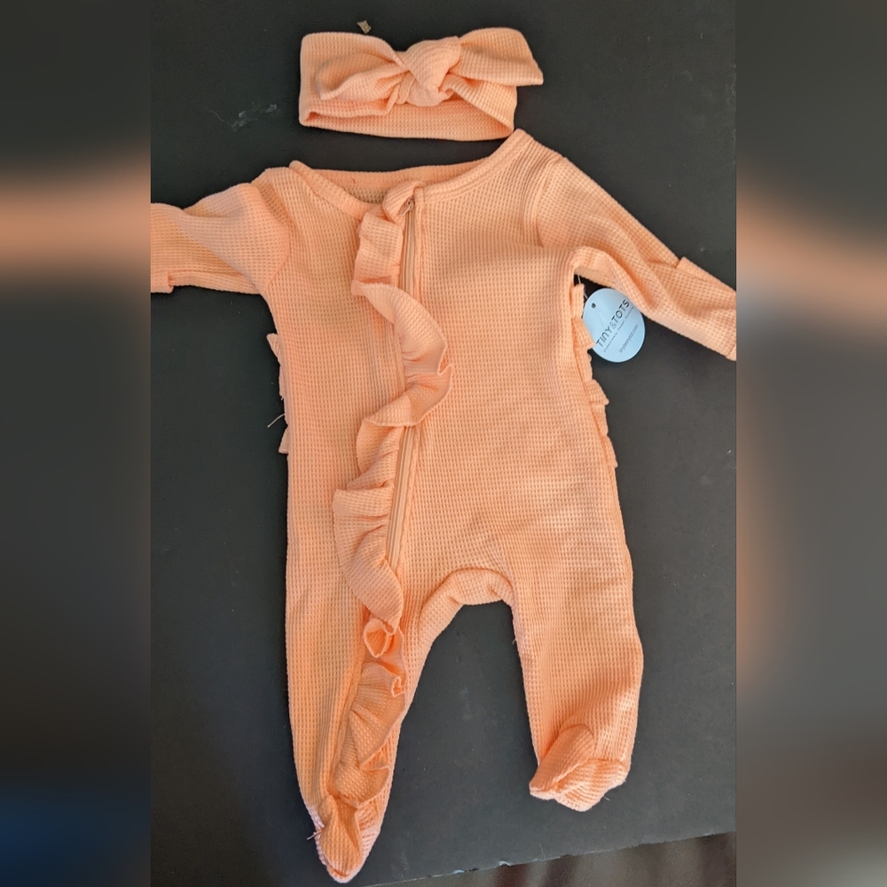 Peach Ruffled Kids One Piece Footed Romper with Headband And Mittens Sleeves